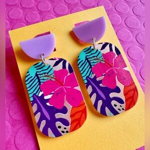 New Purple Pink Orange Aqua Tropical Flower Vacation Beach Earrings 2”